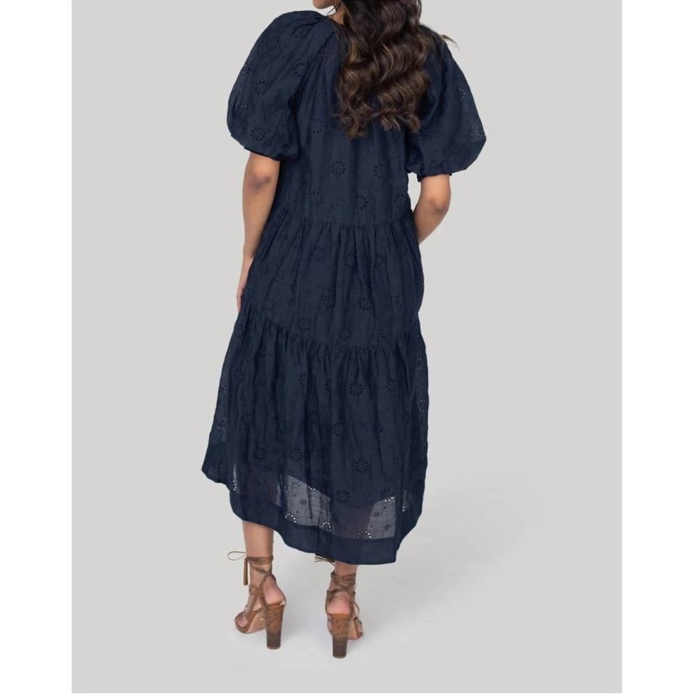 Frame Navy Eyelet PUFF Sleeve Maxi Dress Small Ramie - Picture 3 of 7